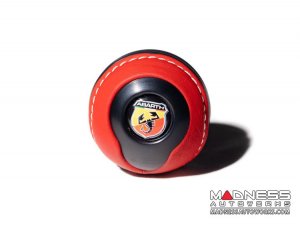 FIAT 500 Gear Shift Knob - Black Italy - Black Base/ Red Leather Top + ABARTH Logo - V2